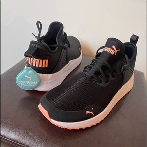 Puma sneakers, black, white and coral, size 8